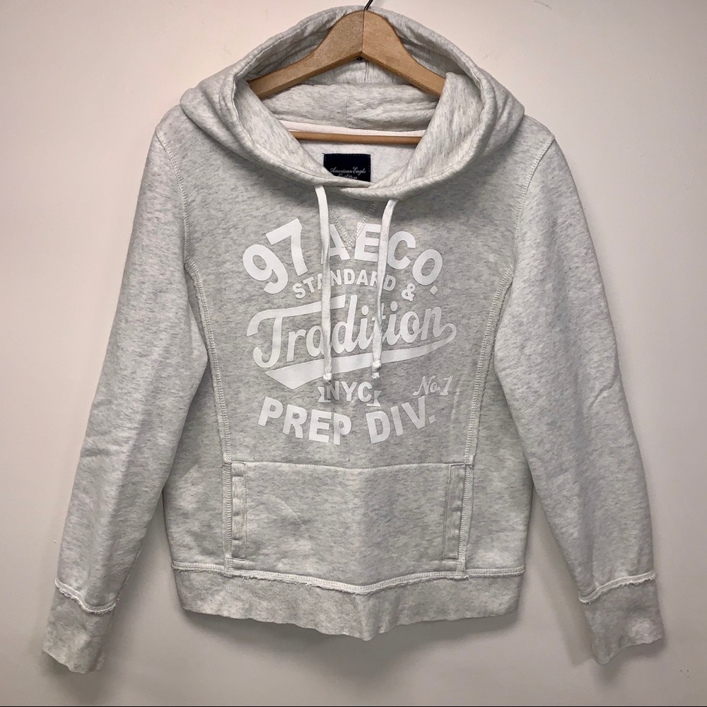 AEO Heather Gray Hoodie With Raw Edge Seems